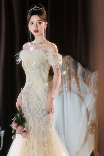Featherlight Aurora – Off-Shoulder Feather Trim Embroidered Tulle Mermaid Gown