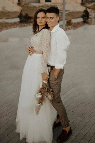 Long-Sleeve Lace Crop Top with Flowy Skirt and Long Train for Wedding