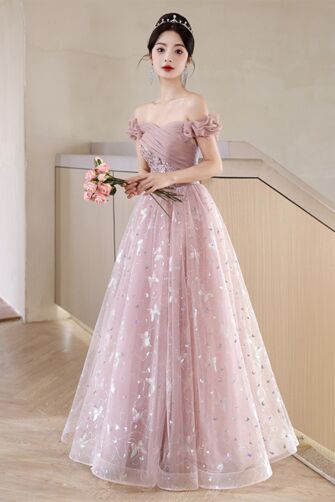 Blush Pink Off-Shoulder Tulle Gown with Shimmering Accents – Perfect for Weddings and Formal Events