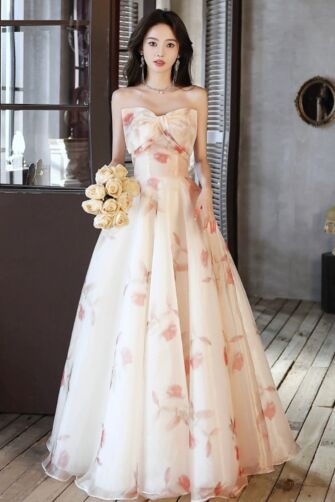 Floral Embroidered Strapless Tulle Gown – Perfect for Weddings and Formal Occasions