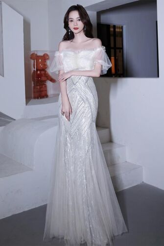 Ivory Flutter-Sleeve Sequin Tulle Mermaid Gown – Perfect for Weddings and Formal Occasions