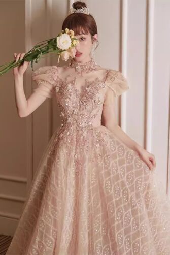 Romantic Blush Pink Embroidered Tulle Gown with Sequined Details – Perfect for Weddings and Formal Events