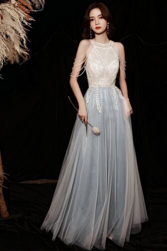 Blue Tulle Evening Gown with Beaded Bodice and Strappy Details