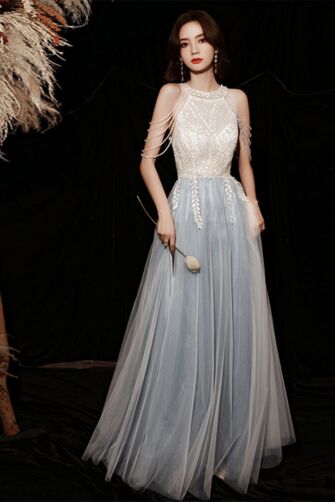 Celestial Blue Beaded Evening Gown – Luxe Sheer Sleeved Tulle Dress for Formal Events
