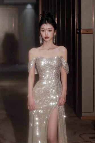 Glittering Off-Shoulder Sequin Gown with High Slit – Sparkling Evening Elegance