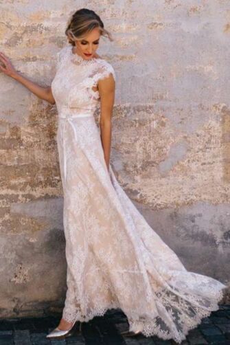 High-Neck Lace A-Line Gown with Long Train for Formal Events