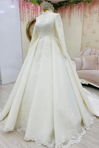 High-Neck Long-Sleeve Lace Ball Gown with Long Train for Formal Events