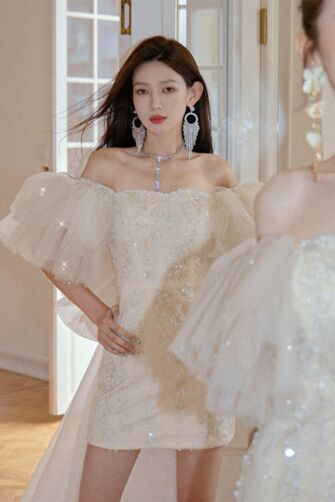 Ivory Sequin Mini Dress with Dramatic Tulle Sleeves – Perfect for Receptions and Special Occasions