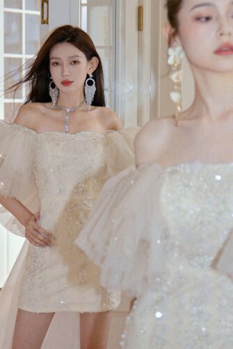 Enchanted Elegance – Beaded Tulle Mini Dress with Sheer Sleeves and Crystal Accents