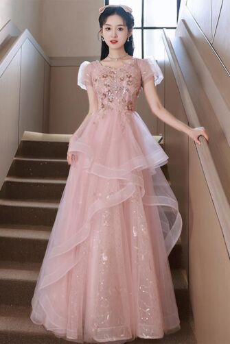 Elegant Pink Sequin Tulle Dress with Floral Embellishments – Perfect for Formal Events
