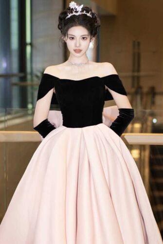Pink Satin Off-Shoulder Ball Gown with Velvet Bodice and Long Gloves - Ideal for Proms and Royal Events