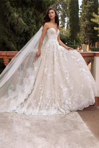 Strapless Lace Ball Gown with Long Train for Formal Events