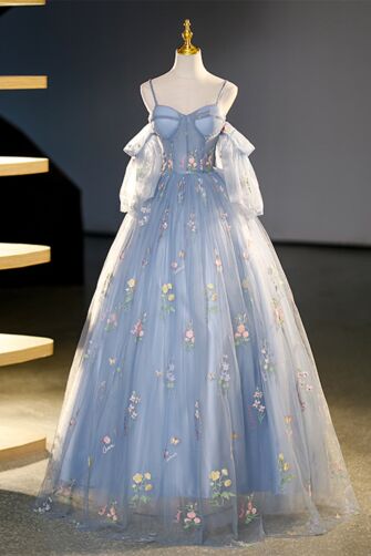 Whimsical Light Blue Floral Embroidered Tulle Ball Gown – Perfect for Fairytale Weddings and Special Occasions