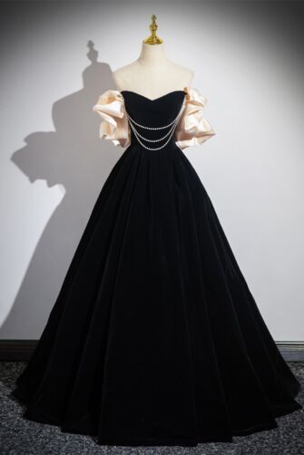 Velvet Whisper – Strapless Ball Gown with Pearl Drapes