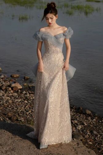 Champagne Lace Off-Shoulder Gown with Tulle Ruffle – Perfect for Weddings and Formal Events