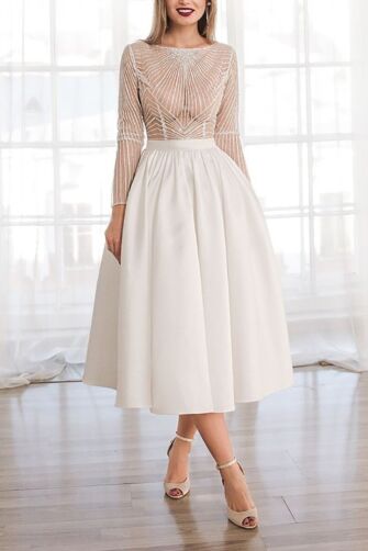 Elegant Beaded Illusion Bodice Midi Dress
