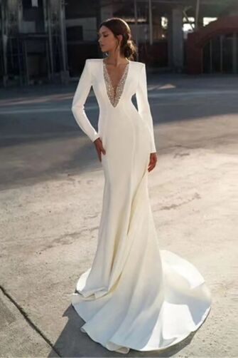 Long-Sleeve V-Neck Mermaid Gown with Long Train for Evening Events