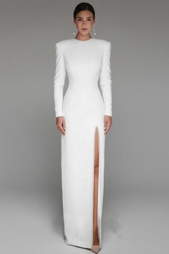 White High-Neck Long Sleeve Gown with Side Slit