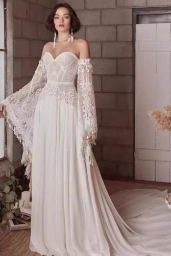 Off-the-Shoulder Lace Bell Sleeve Gown with Long Train for Formal Events