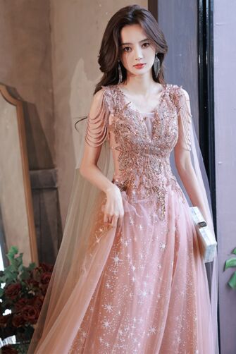 Enchanting Celestial-Inspired Evening Gown with Beaded Details and Dreamy Cape Sleeves