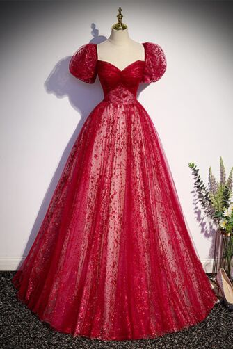 Glamorous Red Sequin Ball Gown with Puff Sleeves – Perfect for Galas and Formal Events