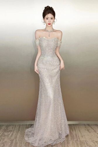 Silver Sparkling Off-the-Shoulder Mermaid Gown – Perfect for Weddings and Formal Soirees