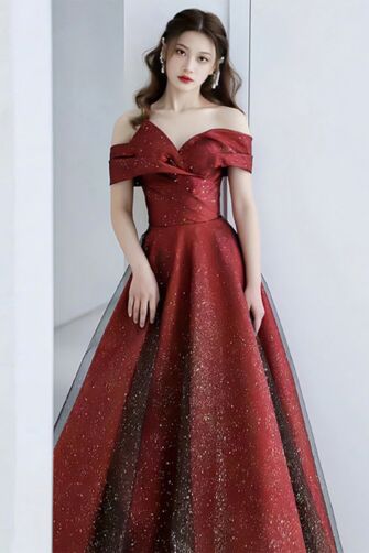 Sparkling Wine Red Off-Shoulder Ball Gown – Perfect for Evening Galas and Special Occasions