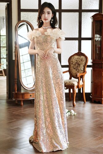 Champagne Sequin Gown with Ruffled Off-Shoulder Detail – Perfect for Weddings and Evening Events