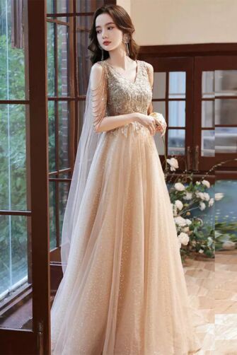 Enchanting Champagne Beaded Evening Gown – Luxe Cold-Shoulder Dress with Flowing Tulle for Formal Events