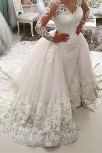 Long-Sleeve Lace Mermaid Gown with Detachable Tulle Overskirt for Formal Events