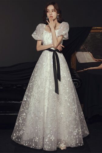 Moonlit Lace Ball Gown – Elegant White Floral Dress with Puff Sleeves & Black Ribbon