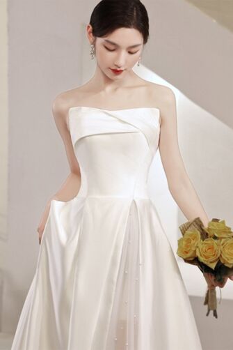 Ivory Asymmetric Strapless Satin Gown with Sheer Tulle Panel – Perfect for Weddings