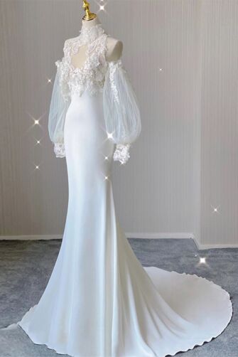 Chic White Off-Shoulder Gown with Lace Bodice and Elegant Puffed Sleeves for Weddings and Special Occasions