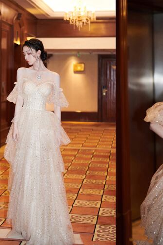 Champagne Off-the-Shoulder Ruffled Tulle Gown – Perfect for Weddings and Formal Events