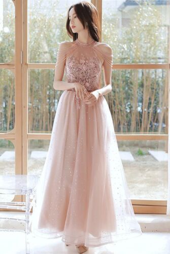 Delicate Blush Pink Beaded Evening Gown with Elegant Sheer Overlay