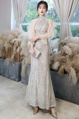 Elegant Silver Sequin Evening Gown with Sheer Sleeves – Perfect for Glamorous Occasions