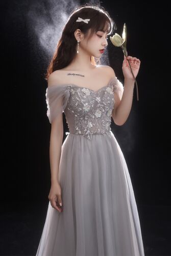 Elegant Gray Floral Embroidered Tulle Gown with Off-Shoulder Detail – Perfect for Formal Occasions