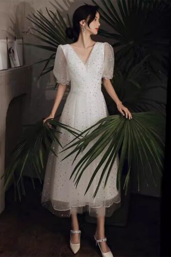 Sparkling White Tea-Length Tulle Dress with Puff Sleeves – Perfect for Weddings and Cocktail Parties