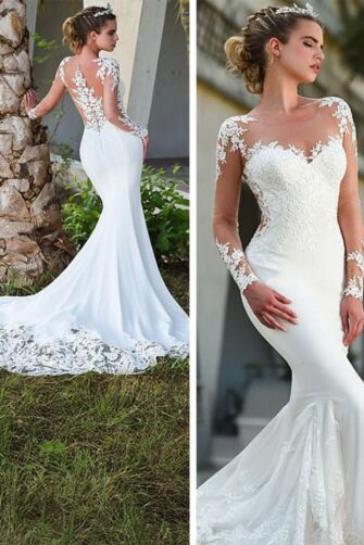 Long-Sleeve Lace Illusion Back Mermaid Gown with Long Train for Formal Events