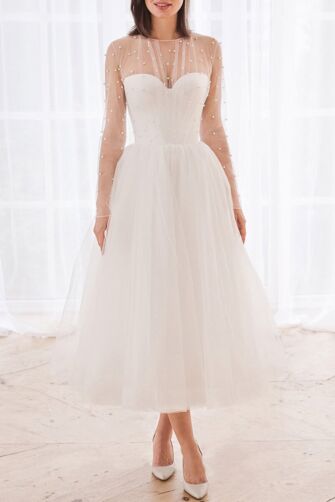 Ivory Tulle Overlay Pearl Embellished Midi Dress