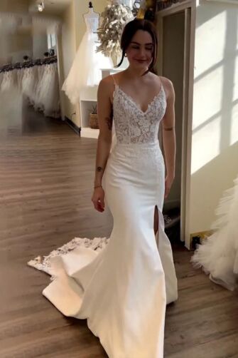 Lace V-Neck Mermaid Gown with High Slit and Long Train for Formal Events