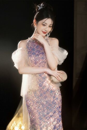 Sparkling Sequin Evening Dress with Tulle Details