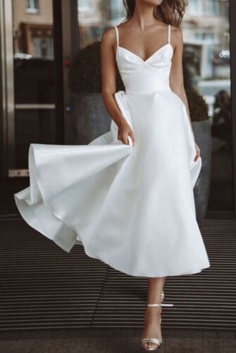 White Satin Pleated Skirt Formal Gown