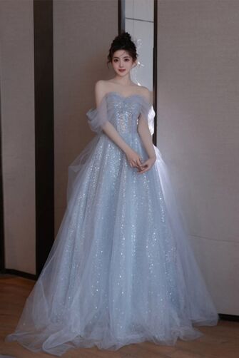Celestial Blue Sequin Off-Shoulder Tulle Gown with Dreamy Sparkle – Perfect for Formal Events and Galas
