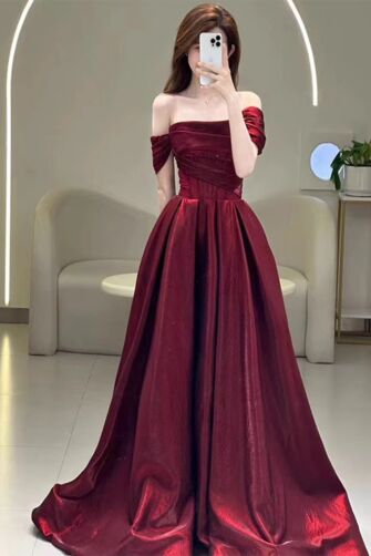 Burgundy Shimmer Off-the-Shoulder Ball Gown – Perfect for Weddings and Formal Galas