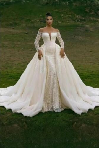 Off-the-Shoulder Lace Mermaid Gown with Detachable Tulle Overskirt for Formal Events