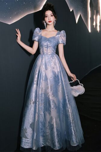 Sophisticated Light Blue Floral Brocade Ball Gown with Puff Sleeves – Perfect for Formal Events