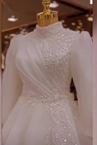 High-Neck Long-Sleeve Lace and Tulle Ball Gown with Long Train for Formal Events