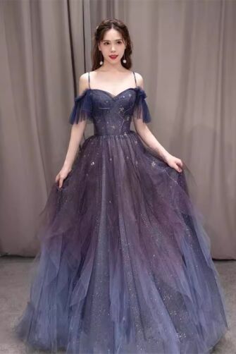 Magical Starry Purple Tulle Off-Shoulder Gown – Ideal for Evening Galas and Formal Events