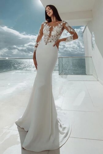 Long-Sleeve Lace Illusion Bodice Mermaid Gown with Long Train for Formal Events